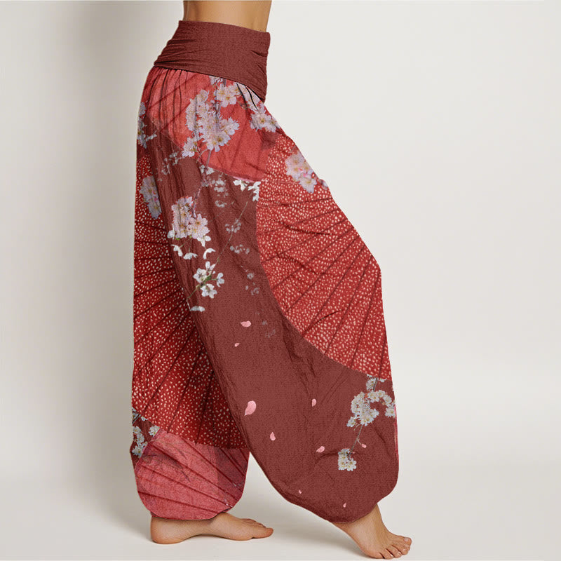Buddha Stones Casual Red Oil-paper Umbrella Cherry Blossom Pattern Women's Elastic Waist Harem Pants - image 3