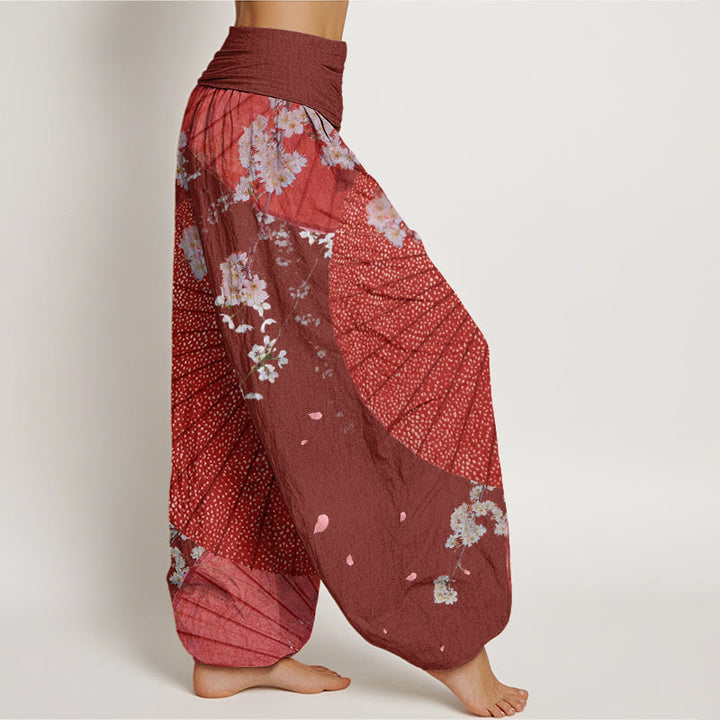 Buddha Stones Cotton Casual Red Oil-paper Umbrella Cherry Blossom Pattern Women's Elastic Waist Harem Pants - image 2