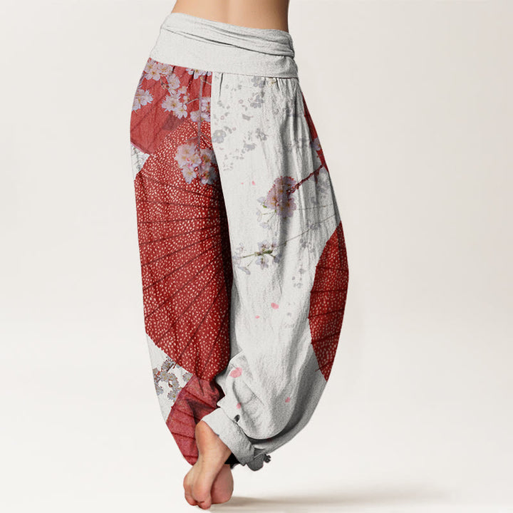Buddha Stones Cotton Casual Red Oil-paper Umbrella Cherry Blossom Pattern Women's Elastic Waist Harem Pants - image 5