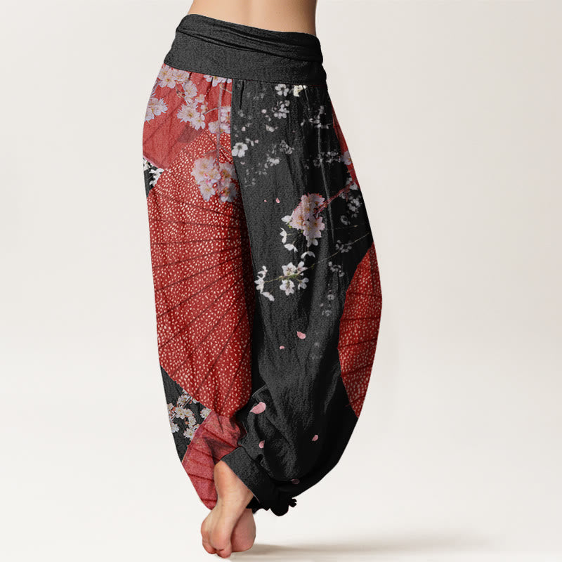 Buddha Stones Cotton Casual Red Oil-paper Umbrella Cherry Blossom Pattern Women's Elastic Waist Harem Pants - image 8