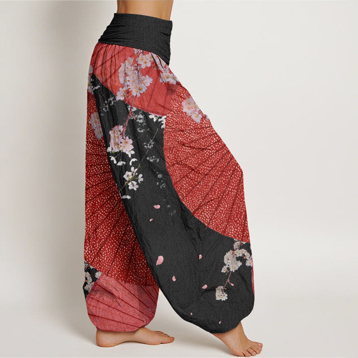 Buddha Stones Cotton Casual Red Oil-paper Umbrella Cherry Blossom Pattern Women's Elastic Waist Harem Pants - image 9