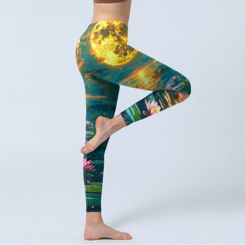 Buddha Stones Full Moon Lotus Flowers Leaves Pattern Print Gym Leggings Women's Yoga Pants - image 3