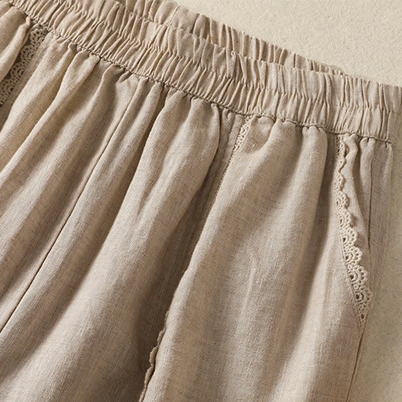 Buddha Stones Casual Plain Lace Side Design 7-8 Length Cotton Linen Women's Harem Pants With Pockets - image 2