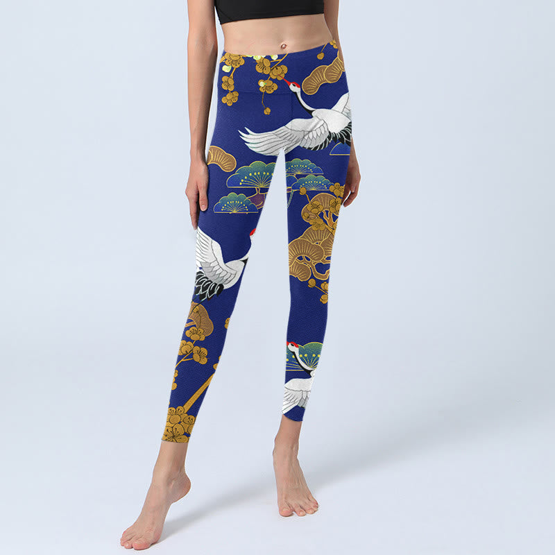 Buddha Stones Flying Red-Crowned Crane Pine Tree Flower Pattern Print Gym Leggings Women's Yoga Pants - image 5