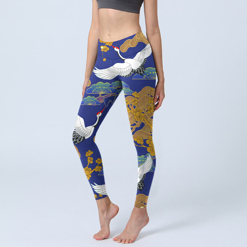 Buddha Stones Flying Red-Crowned Crane Pine Tree Flower Pattern Print Gym Leggings Women's Yoga Pants - MediumBlue - US18，UK/AU22，EU50 (4XL) - image 0