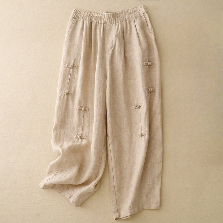 Buddha Stones Casual Plain Frog-Button Design 7-8 Length Cotton Linen Women's Harem Pants With Pockets - Wheat - US8-10，UK/AU12-14，EU40-42 (2XL) - image 7