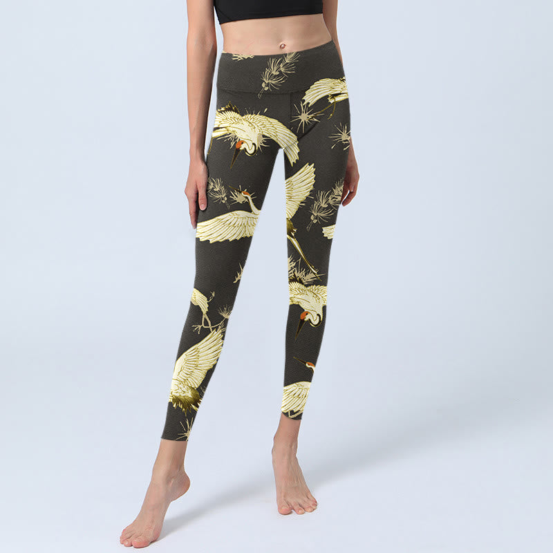 Buddha Stones Flying Red-crowned Crane Branch Pine Needles Pattern Print Gym Leggings Women's Yoga Pants - image 6