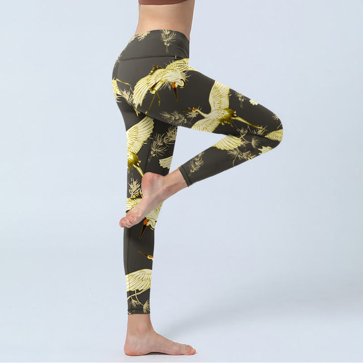 Buddha Stones Flying Red-crowned Crane Branch Pine Needles Pattern Print Gym Leggings Women's Yoga Pants - image 3