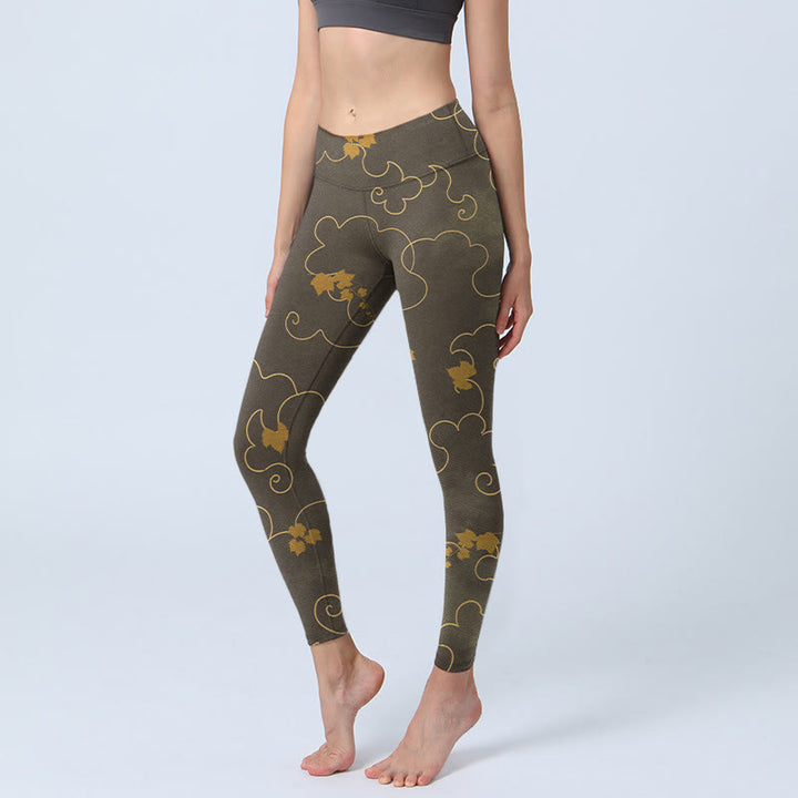 Buddha Stones Auspicious Cloud Maple Leaf Pattern Print Gym Leggings Women's Yoga Pants - SaddleBrown - US18，UK/AU22，EU50 (4XL) - image 0