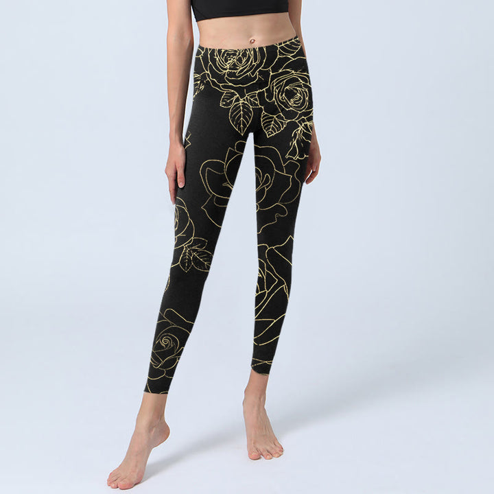 Buddha Stones Rose Flower Leaves Golden Line Pattern Print Gym Leggings Women's Yoga Pants - image 5