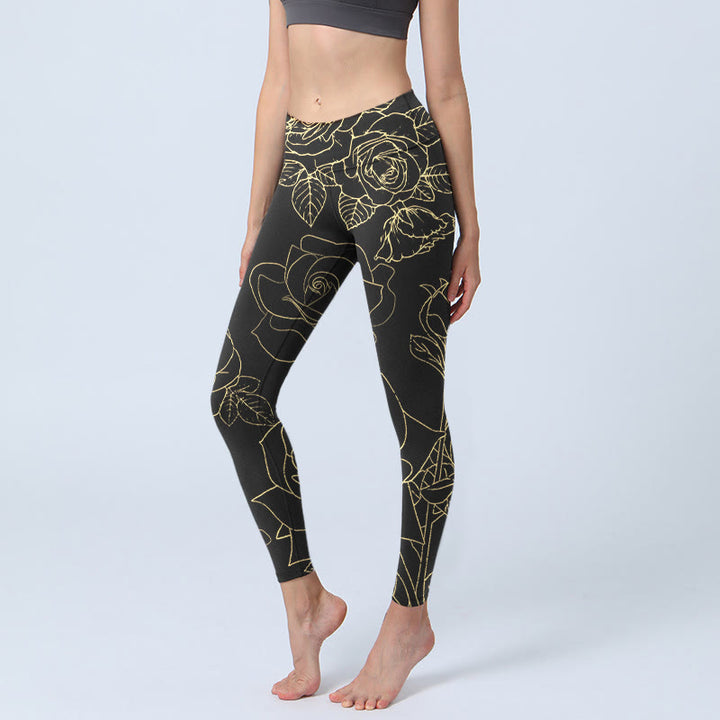 Buddha Stones Rose Flower Leaves Golden Line Pattern Print Gym Leggings Women's Yoga Pants - Black - US18，UK/AU22，EU50 (4XL) - image 0