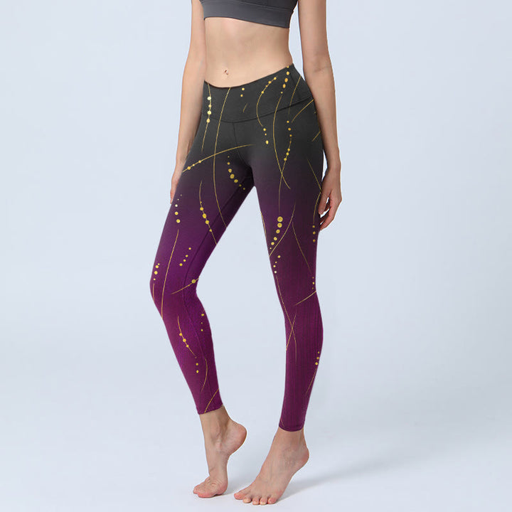 Buddha Stones Abstract Gradient Thin And Long Gold Line Pattern Print Gym Leggings Women's Yoga Pants - Purple - US18，UK/AU22，EU50 (4XL) - image 0