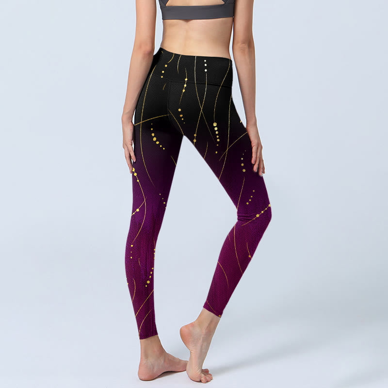 Buddha Stones Abstract Gradient Thin And Long Gold Line Pattern Print Gym Leggings Women's Yoga Pants - image 3
