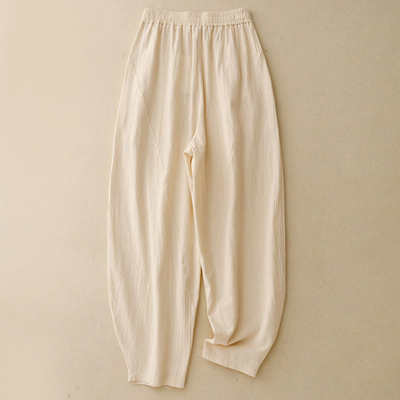 Buddha Stones Daily Plain Elastic Waistband Cotton Linen Women's Pants With Pockets - LemonChiffon - US8-10，UK/AU12-14，EU40-42 (2XL) - image 8