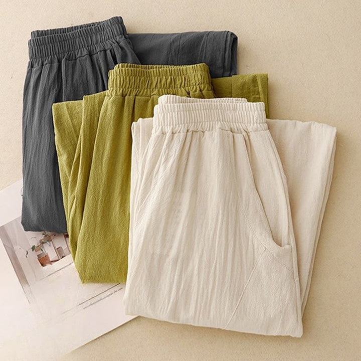 Buddha Stones Daily Plain Elastic Waistband Cotton Linen Women's Pants With Pockets - image 17