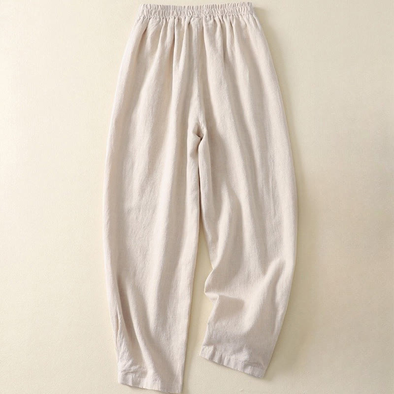 Buddha Stones Commute Solid Color Elastic Waistband Cotton Linen Women's Pants With Pockets - image 1