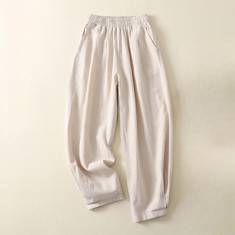 Buddha Stones Versatile Casual Solid Color Elastic Waistband Cotton Linen Women's Pants With Pockets - Beige - US8-10，UK/AU12-14，EU40-42 (2XL) - image 0