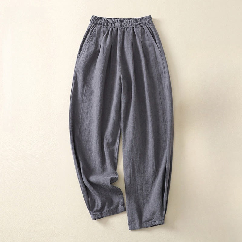 Buddha Stones Commute Solid Color Elastic Waistband Cotton Linen Women's Pants With Pockets - SlateGray - US8-10，UK/AU12-14，EU40-42 (2XL) - image 6