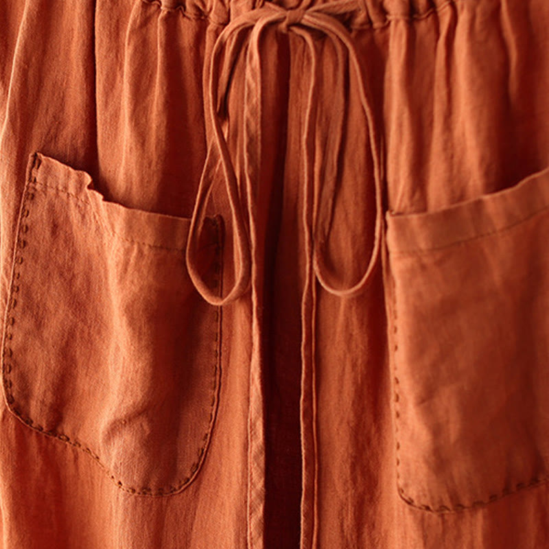 Buddha Stones Casual Plain Wrinkles Design Drawstring 9 Length Cotton Linen Women's Wide Leg Pants With Pockets - image 4