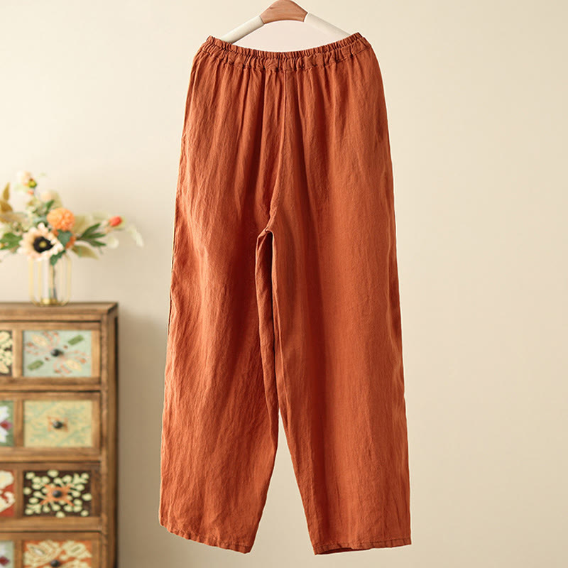 Buddha Stones Casual Plain Wrinkles Design Drawstring 9 Length Cotton Linen Women's Wide Leg Pants With Pockets - image 1