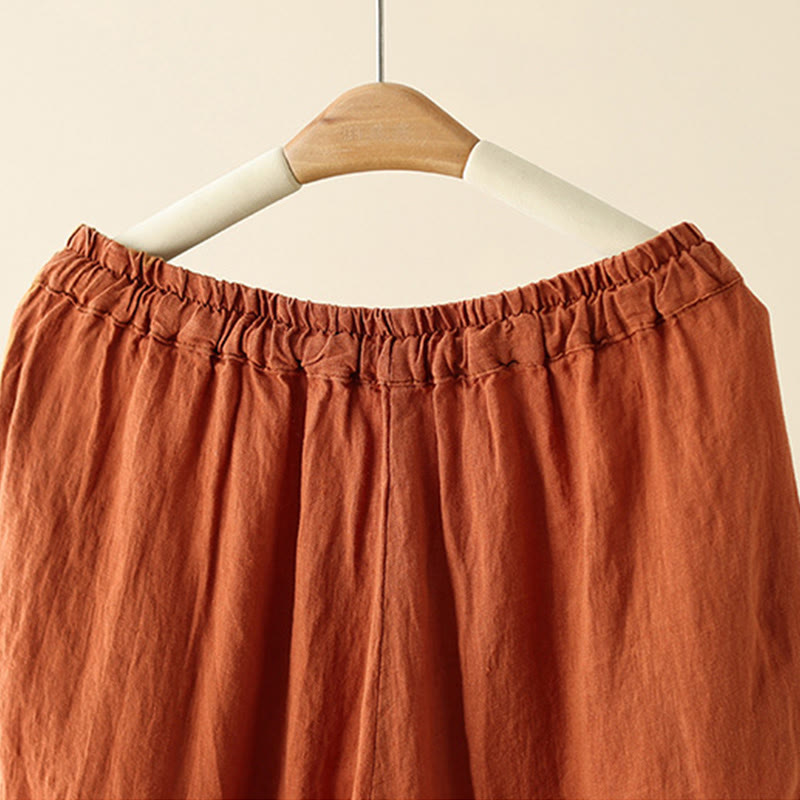 Buddha Stones Casual Plain Wrinkles Design Drawstring 9 Length Cotton Linen Women's Wide Leg Pants With Pockets - image 5