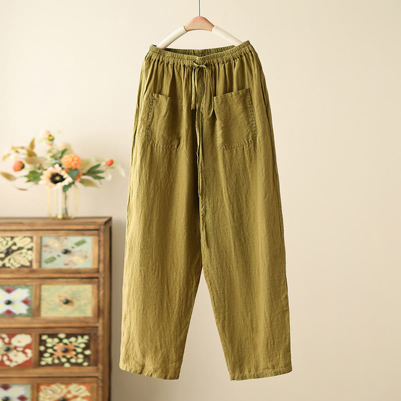 Buddha Stones Casual Plain Wrinkles Design Drawstring 9 Length Cotton Linen Women's Wide Leg Pants With Pockets - OliveDrab - US8-10，UK/AU12-14，EU40-42 (2XL) - image 17