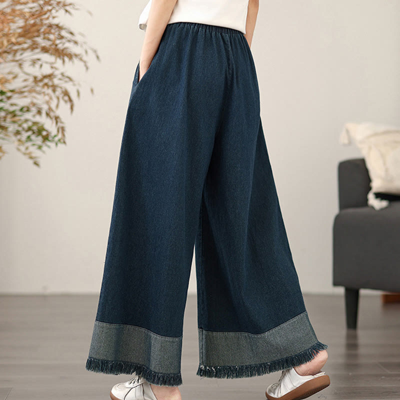 Buddha Stones Spring Vintage Distressed Tassel Design Women's Wide Leg Pants With Pockets - image 1