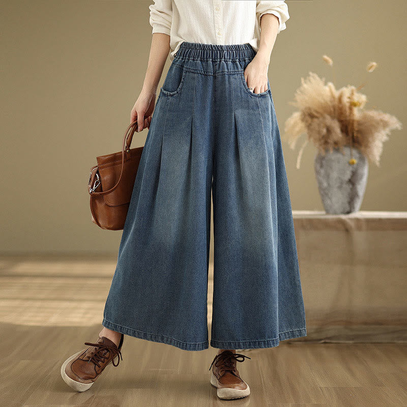 Buddha Stones Fall Vintage Distressed Design High Waist Women's Wide Leg Pants With Pockets - DarkBlue - US8-10，UK/AU12-14，EU40-42 (2XL) - image 0