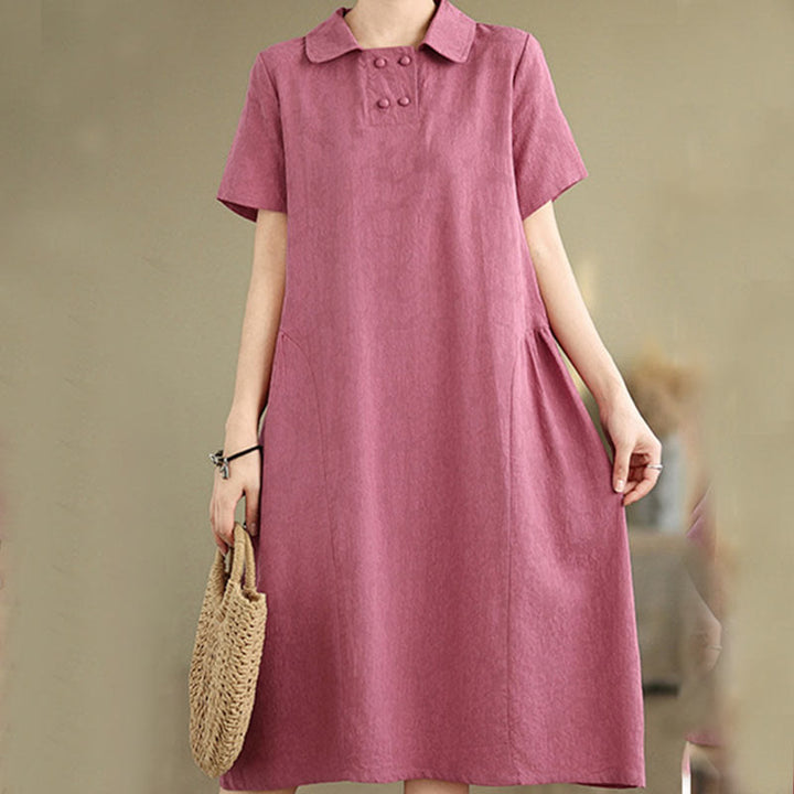 Buddha Stones Plain Jacquard Design Short Sleeve Cotton Linen Midi Dress With Pockets - MediumVioletRed - US8-10，UK/AU12-14，EU40-42 (2XL) - image 26