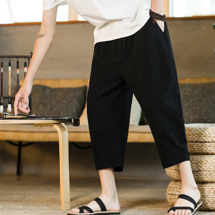 Buddha Stones Simple Design Drawstring Cotton Linen Men's Solid Color Harem Pants With Pockets - image 12