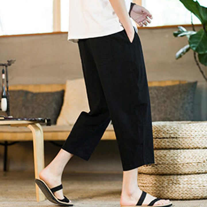 Buddha Stones Simple Design Drawstring Cotton Linen Men's Solid Color Harem Pants With Pockets - image 14