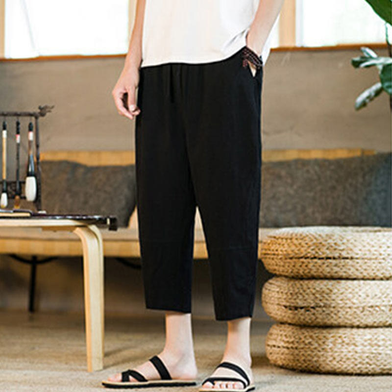 Buddha Stones Simple Design Drawstring Cotton Linen Men's Solid Color Harem Pants With Pockets - image 10