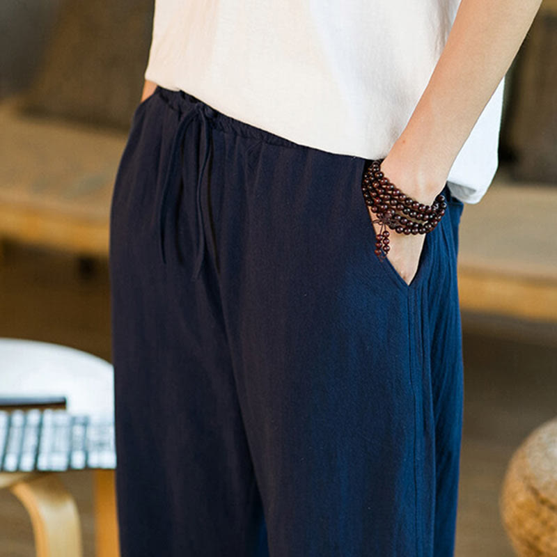Buddha Stones Simple Design Drawstring Cotton Linen Men's Solid Color Harem Pants With Pockets - image 36