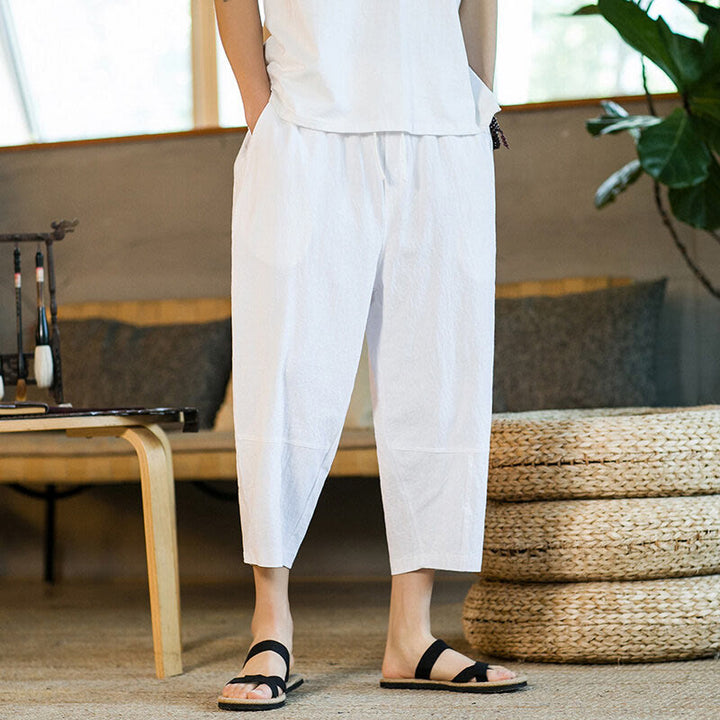 Buddha Stones Simple Design Drawstring Cotton Linen Men's Solid Color Harem Pants With Pockets - image 20