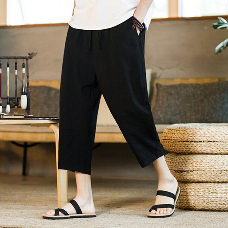 Buddha Stones Simple Design Drawstring Cotton Linen Men's Solid Color Harem Pants With Pockets - image 15