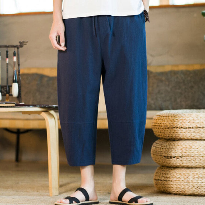 Buddha Stones Simple Design Drawstring Cotton Linen Men's Solid Color Harem Pants With Pockets - Navy - US/UK/AU46，EU56 (5XL) - image 29