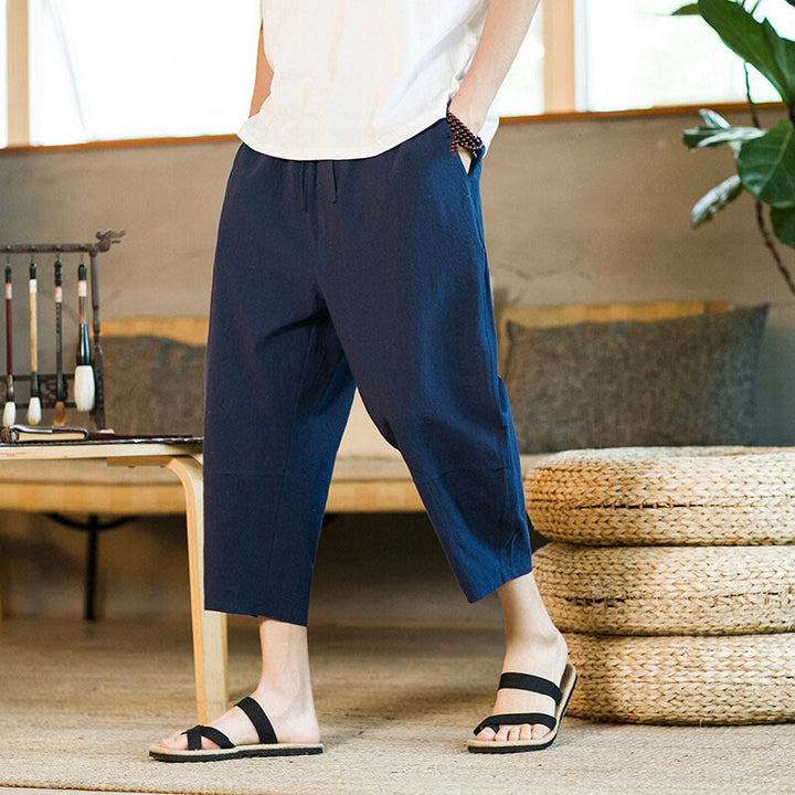 Buddha Stones Simple Design Drawstring Cotton Linen Men's Solid Color Harem Pants With Pockets - image 33