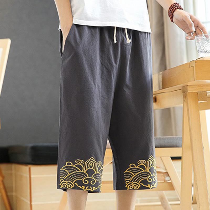 Buddha Stones Spring Casual Embroidery Drawstring Men's 7-8 Length Cotton Linen Harem Pants With Pockets - image 11