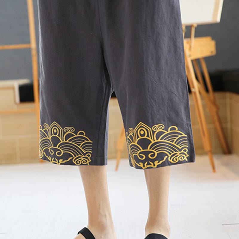 Buddha Stones Spring Casual Embroidery Drawstring Men's 7-8 Length Cotton Linen Harem Pants With Pockets - image 17