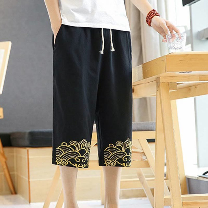 Buddha Stones Spring Casual Embroidery Drawstring Men's 7-8 Length Cotton Linen Harem Pants With Pockets - image 1