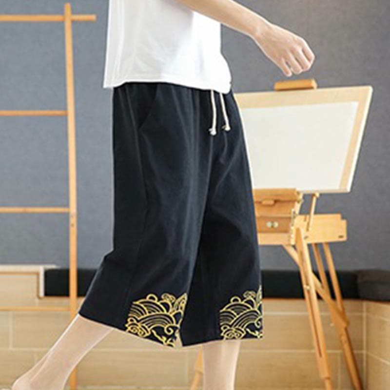 Buddha Stones Spring Casual Embroidery Drawstring Men's 7-8 Length Cotton Linen Harem Pants With Pockets - image 4