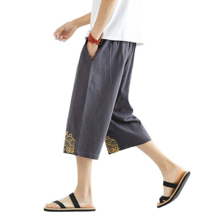 Buddha Stones Spring Casual Embroidery Drawstring Men's 7-8 Length Cotton Linen Harem Pants With Pockets - image 22