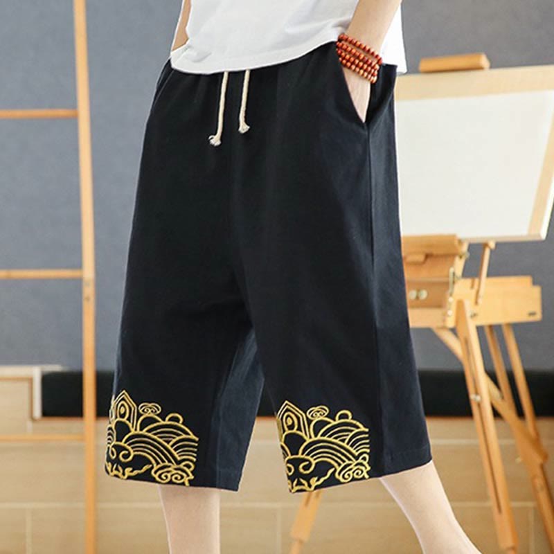Buddha Stones Spring Casual Embroidery Drawstring Men's 7-8 Length Cotton Linen Harem Pants With Pockets - Black - US/UK/AU46，EU56 (5XL) - image 0