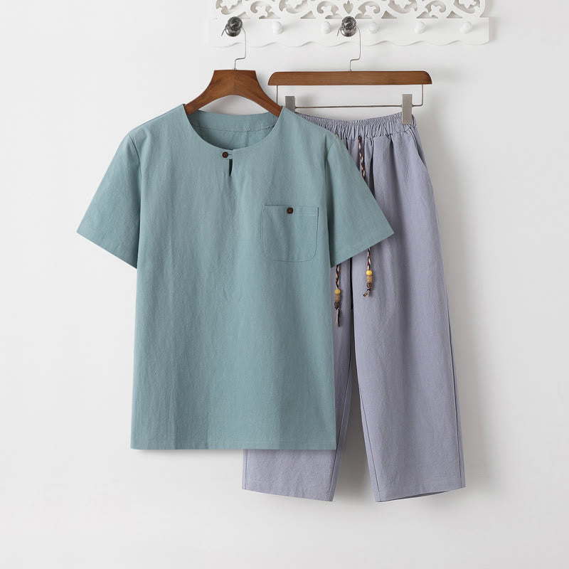 Buddha Stones Summer 2Pcs Plain Short Sleeve T-Shirt 7-8 Length Pants Cotton Linen Tang Suit Men's Meditation Cloth Set With Pockets - PaleTurquoise T-Shirt & LightSteelBlue Pants - US/UK/AU46，EU56 (5XL) - image 18