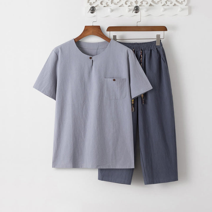 Buddha Stones Summer 2Pcs Plain Short Sleeve T-Shirt 7-8 Length Pants Cotton Linen Tang Suit Men's Meditation Cloth Set With Pockets - LightSteelBlue T-Shirt & SlateGray Pants - US/UK/AU46，EU56 (5XL) - image 13