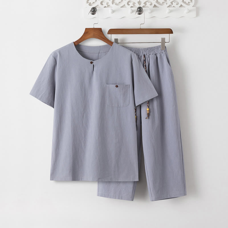 Buddha Stones Summer 2Pcs Plain Short Sleeve T-Shirt 7-8 Length Pants Cotton Linen Tang Suit Men's Meditation Cloth Set With Pockets - LightSteelBlue T-Shirt & LightSteelBlue Pants - US/UK/AU46，EU56 (5XL) - image 10