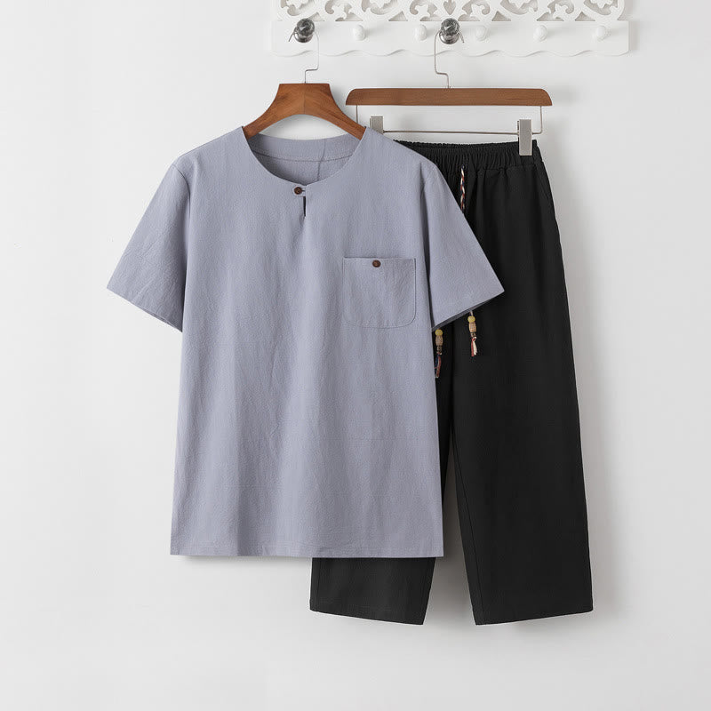 Buddha Stones Summer 2Pcs Plain Short Sleeve T-Shirt 7-8 Length Pants Cotton Linen Tang Suit Men's Meditation Cloth Set With Pockets - LightSteelBlue T-Shirt & Black Pants - US/UK/AU46，EU56 (5XL) - image 14