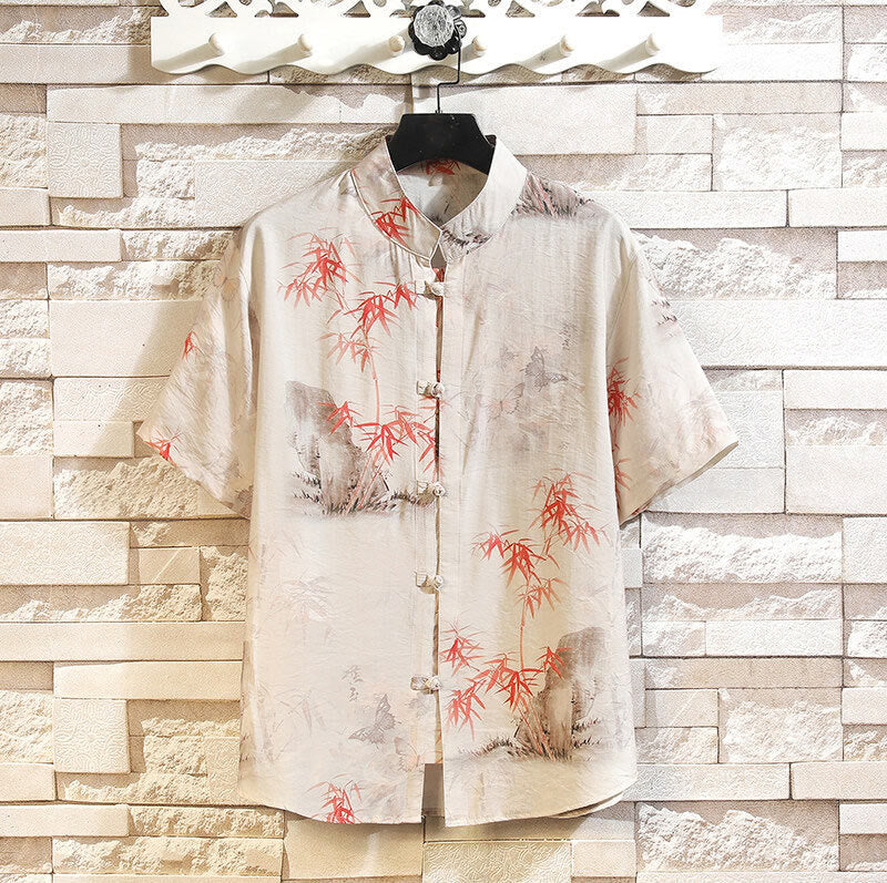 Buddha Stones Summer Bamboo Butterfly Pattern Short Sleeve Frog-button Design Men's Shirt Jacket - Beige - US/UK/AU46，EU56 (5XL) - image 0