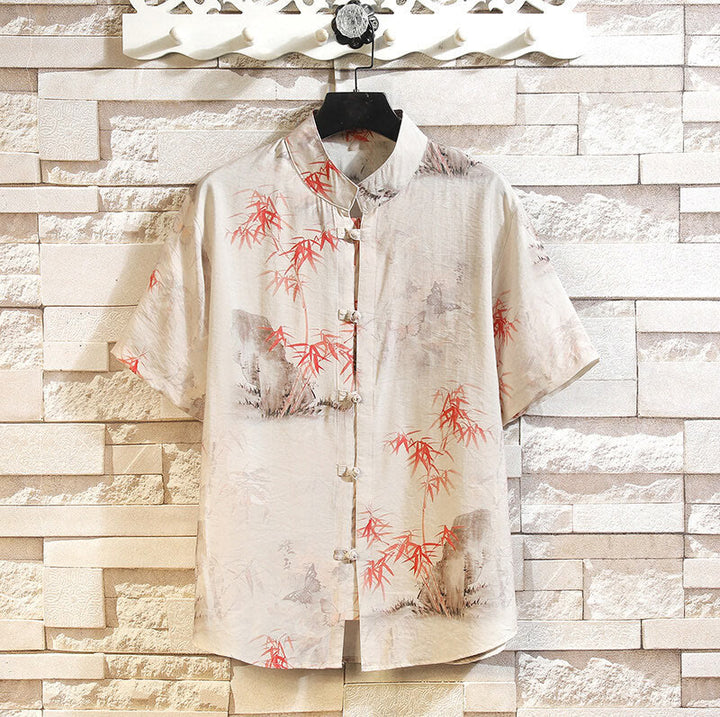 Buddha Stones Summer Bamboo Butterfly Pattern Short Sleeve Frog-button Design Men's Shirt Jacket - Beige - US/UK/AU46，EU56 (5XL) - image 0