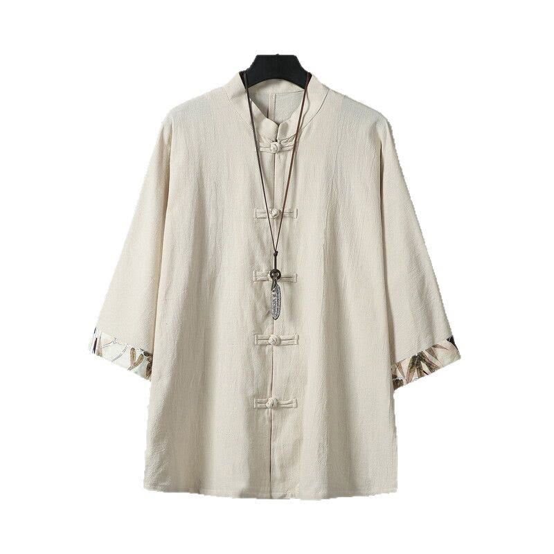Buddha Stones Summer Frog-button Patchwork Half Sleeve Design Cotton Linen Men's Shirt Jacket - image 13